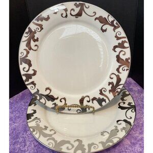 Ciroa Luxe Fiori Platinum Scroll Trim Metallic Accent Dinner‎ Plates Set Of 2